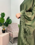 Dua Khaki Belted Fur Kaftan Modest Dress