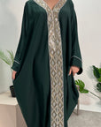 Arooj Emerald Green Sequin Trim V Neck Kaftan Abaya Dress