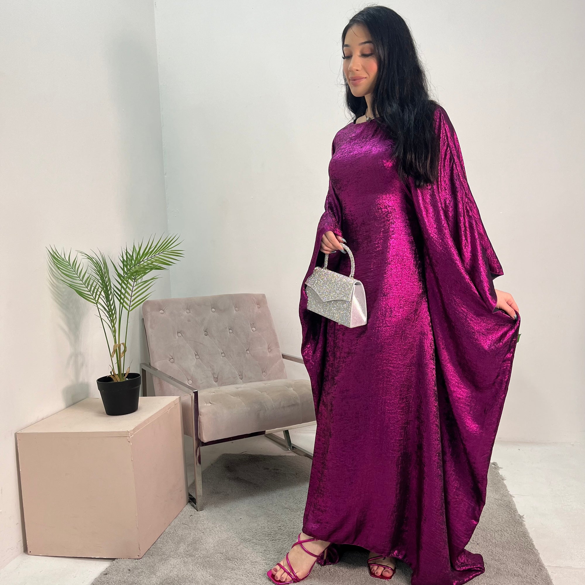 Rabia Fuchsia Metallic Elasticated Batwing Kaftan Dress