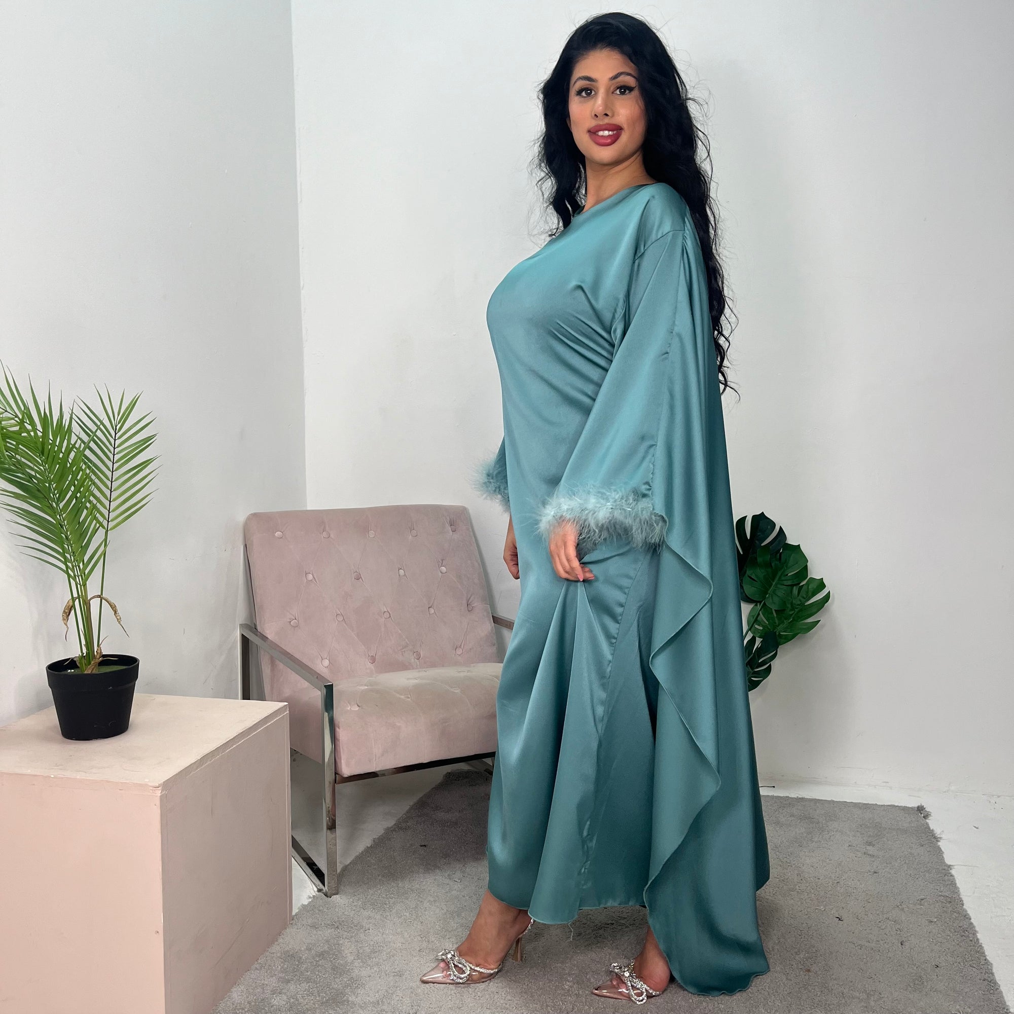 Jhanvi Turquoise Fur Sleeve Belted Cape Kaftan Dress