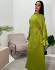 Rida Lime Green Linen Plain High Neck Dress