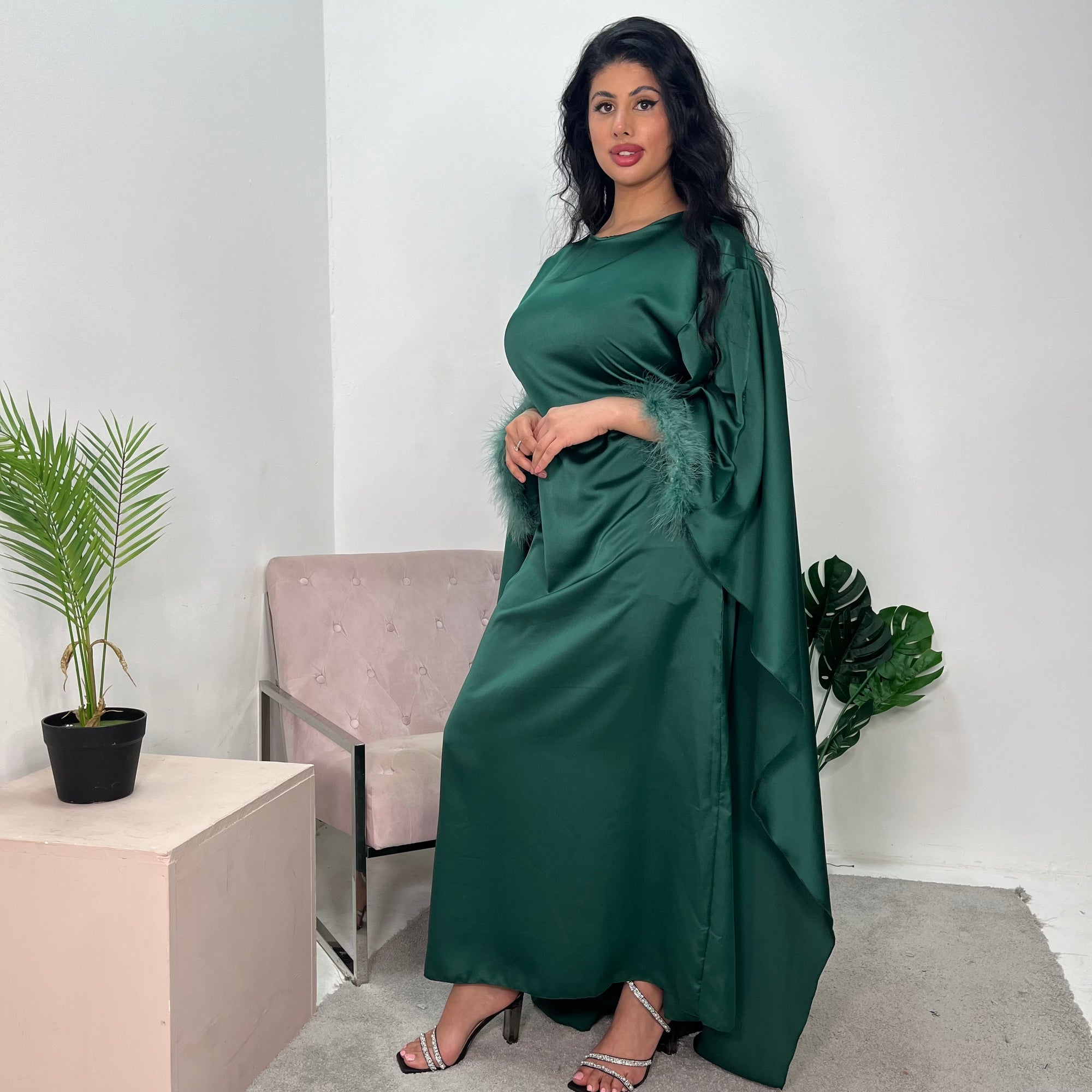 Jhanvi Emerald Green Fur Sleeve Belted Cape Kaftan Dress