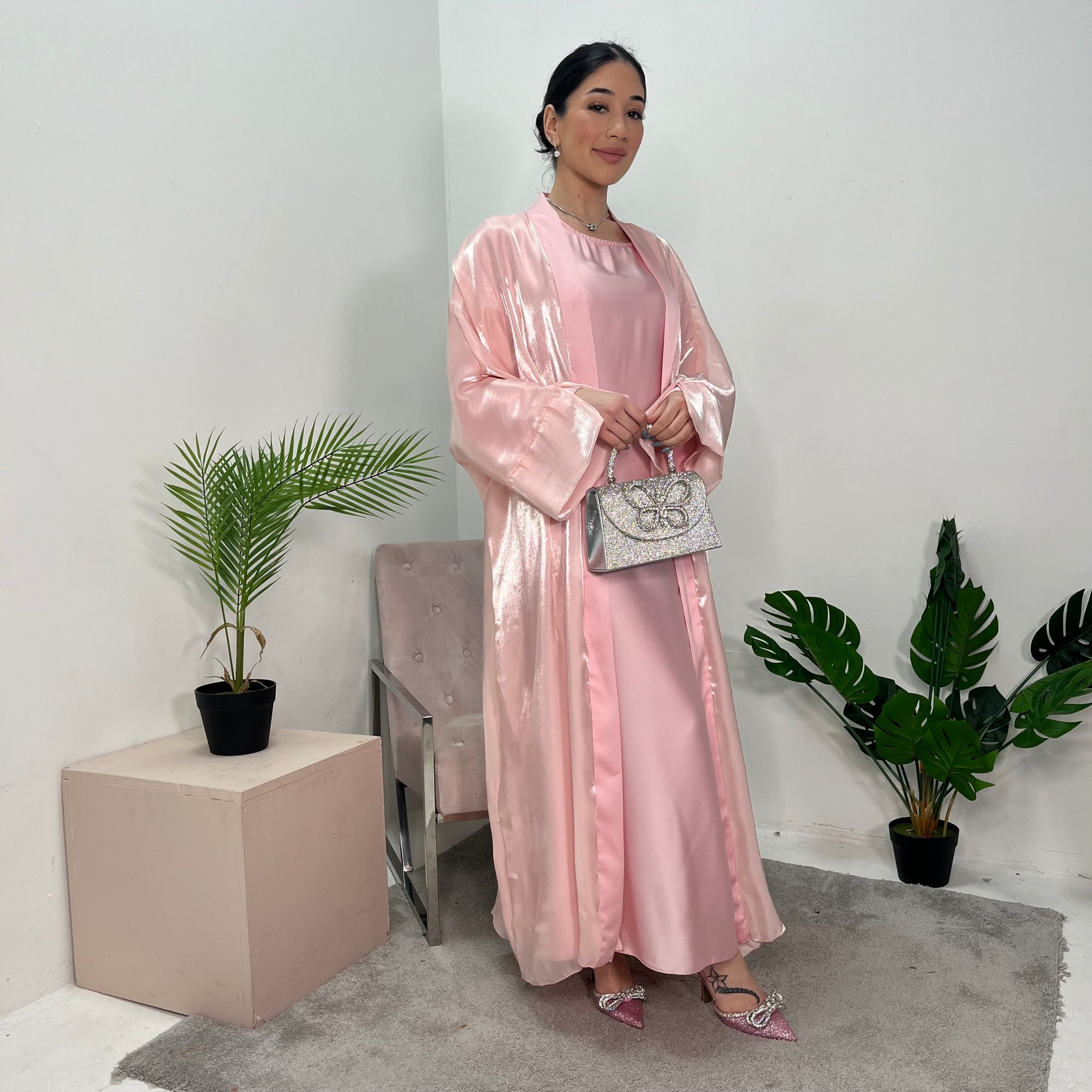 Meher Baby Pink Premium Mesh Kimono Jacket &amp; Satin Dress