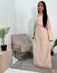 Disha Beige Summer Linen V-Neck Tie Dress