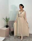 Mehak Beige Embellished Detail Belted Dress With Flare Sleeves