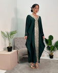 Arooj Emerald Green Sequin Trim V Neck Kaftan Abaya Dress