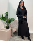 Fiza Black V-neck Fitted Flare Sleeve Satin Dress