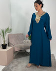 Safa Teal Gold Detail Trim Belted Maxi Abaya Dress