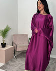 Safiya Magenta Batwing Cape Fur Sleeve Satin Modest Kaftan Dress