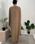 Arooj Beige Blue Sequin Trim V Neck Kaftan Abaya Dress