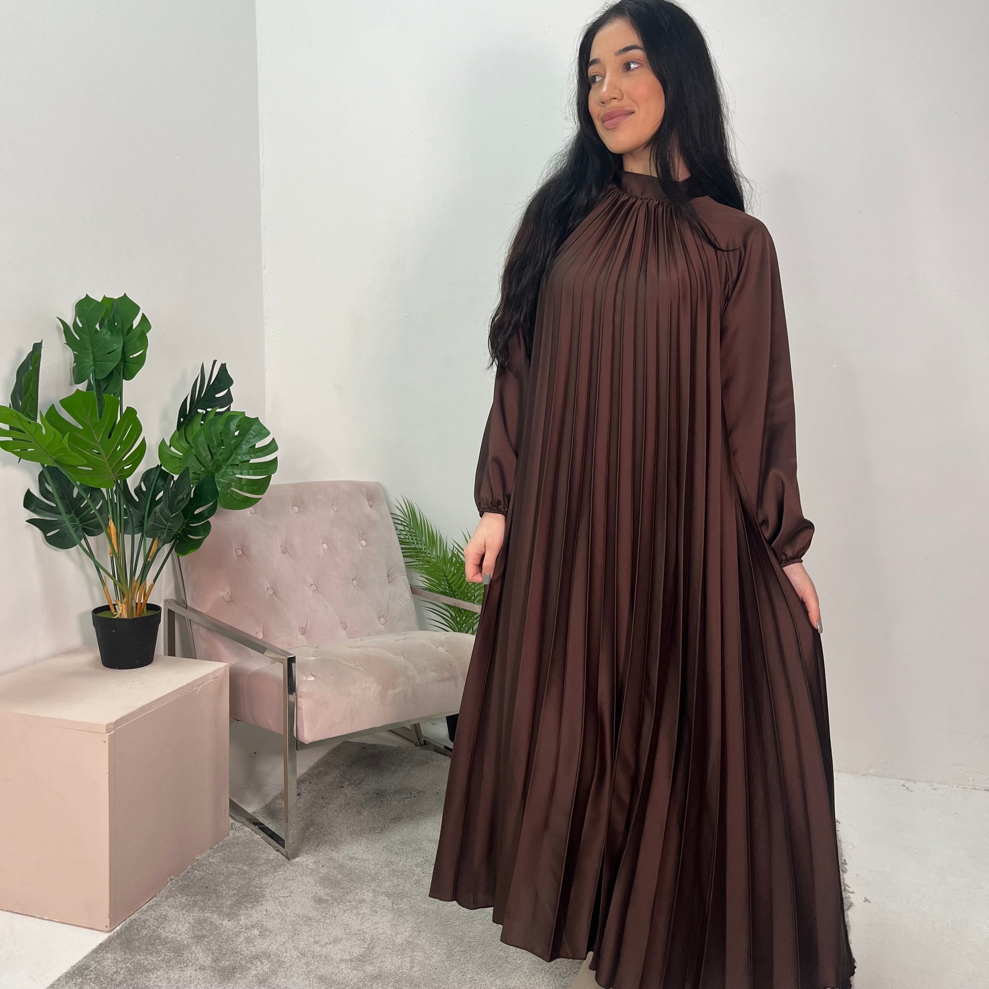 Reha Chocolate Pleated Long Satin Dress