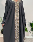 Arooj Charcoal Blue Sequin Trim V Neck Kaftan Abaya Dress