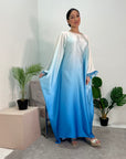 Farah Light Blue Ombre Print Fur Sleeve Kaftan Dress