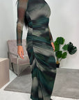 Jasmine Green Printed Side Ruched Mesh Dress