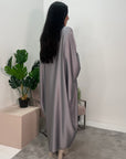 Safiya Grey Batwing Cape Fur Sleeve Satin Modest Kaftan Dress