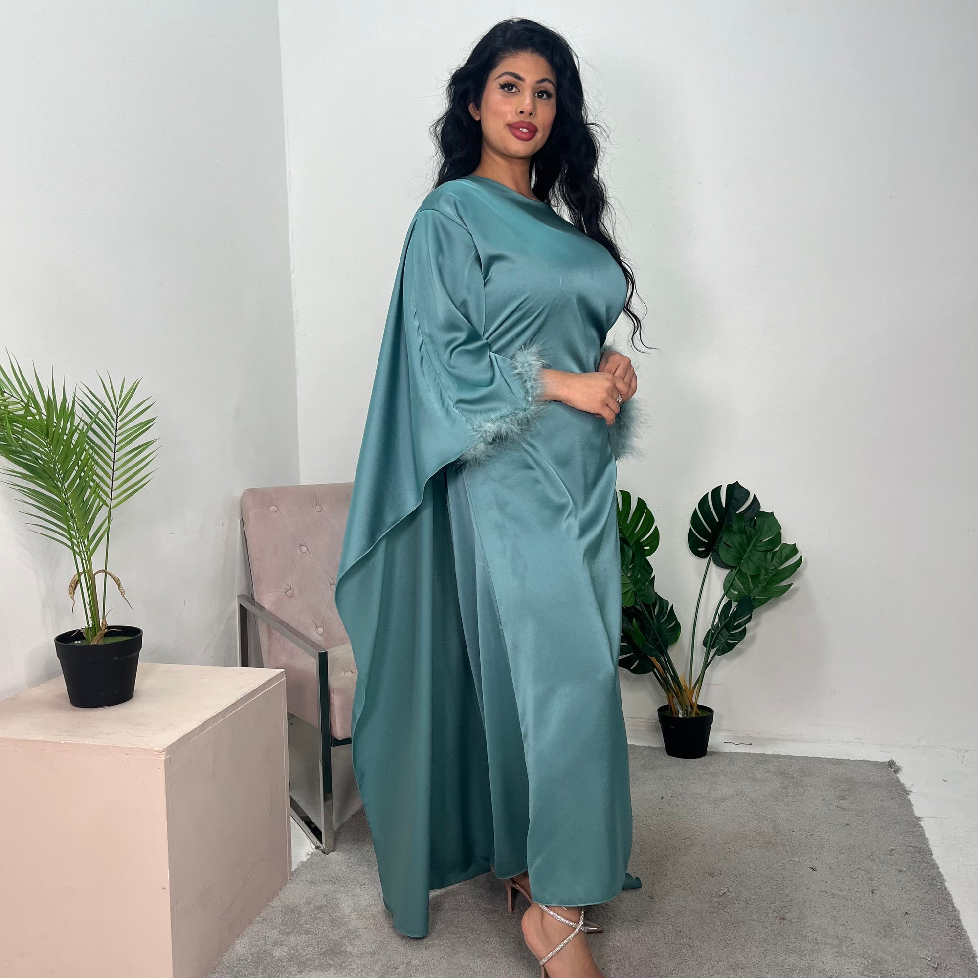 Jhanvi Turquoise Fur Sleeve Belted Cape Kaftan Dress