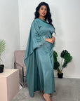 Jhanvi Turquoise Fur Sleeve Belted Cape Kaftan Dress