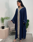 Arooj Navy Sequin Trim V Neck Kaftan Abaya Dress