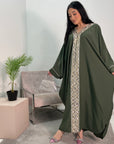 Arooj Khaki Sequin Trim V Neck Kaftan Abaya Dress