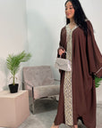 Arooj Chocolate Sequin Trim V Neck Kaftan Abaya Dress