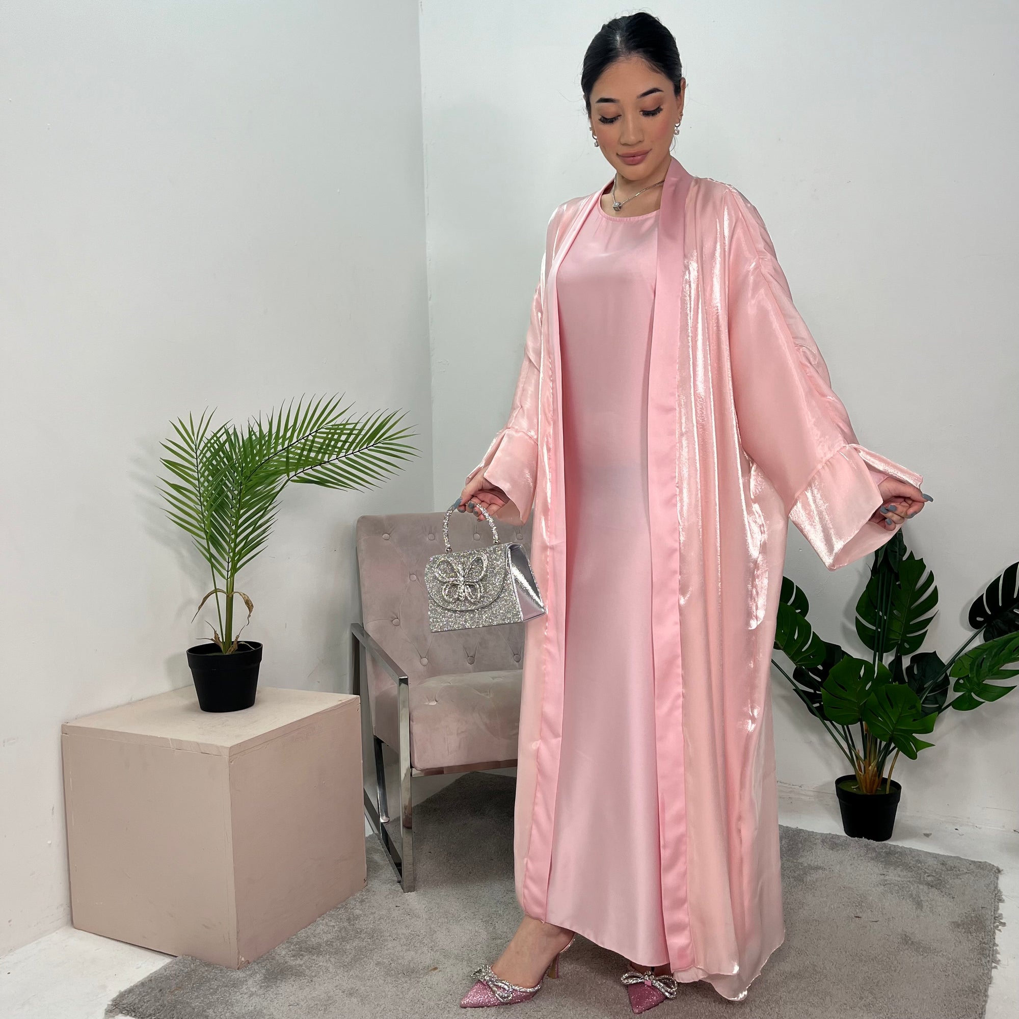 Meher Baby Pink Premium Mesh Kimono Jacket &amp; Satin Dress