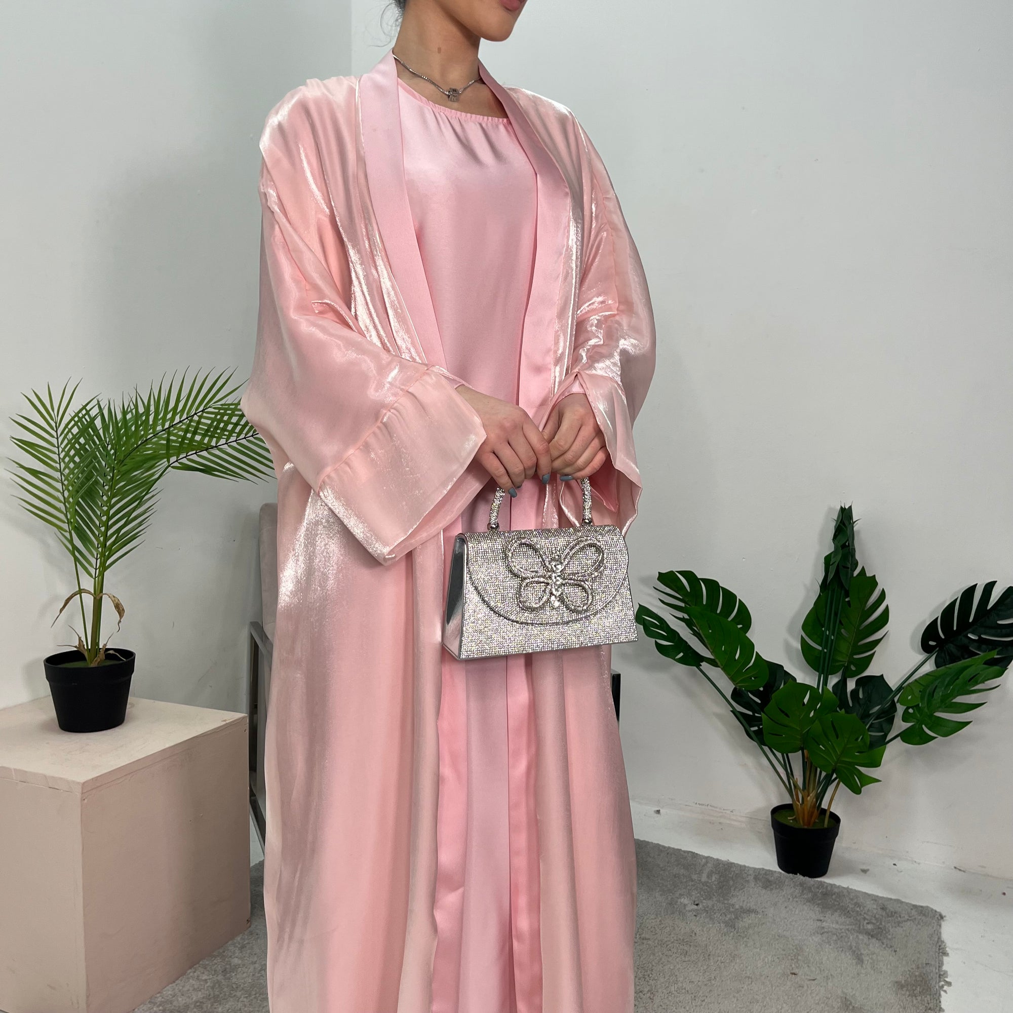 Meher Baby Pink Premium Mesh Kimono Jacket &amp; Satin Dress