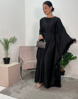 Dua Black Belted Fur Kaftan Modest Dress