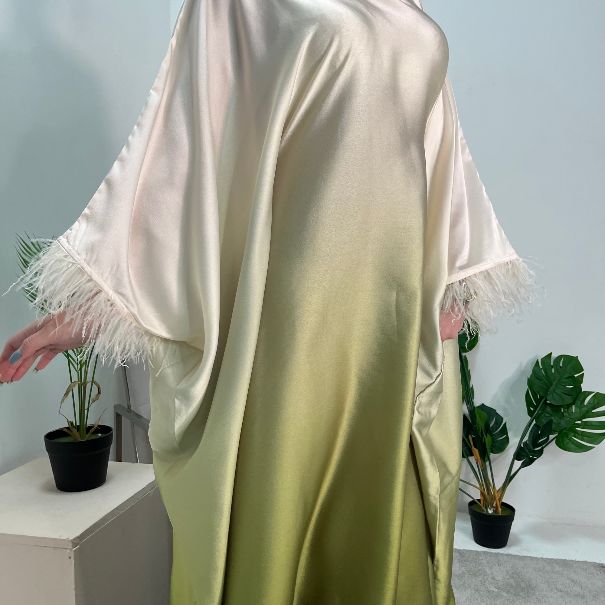 Farah Olive Ombre Print Fur Sleeve Kaftan Dress