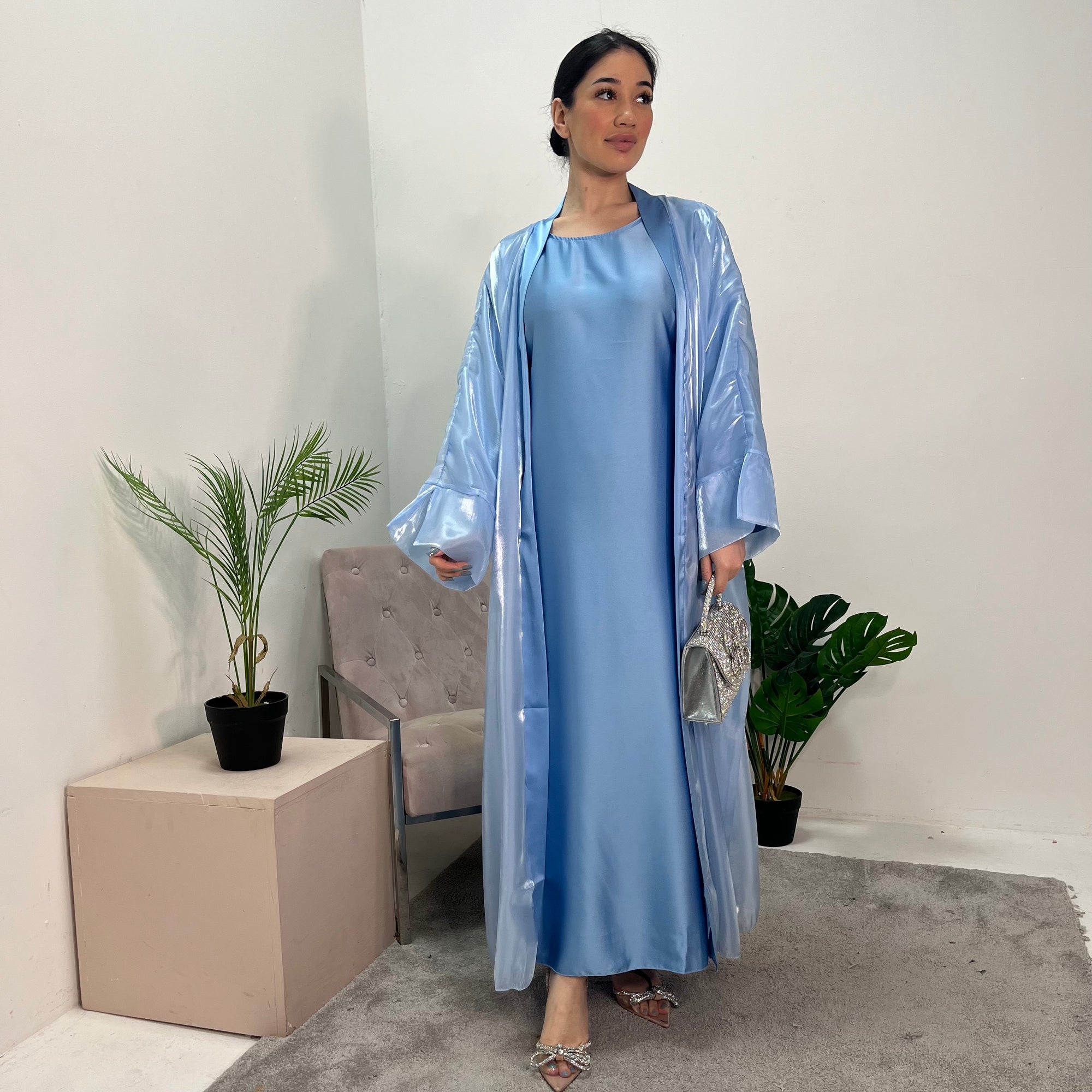 Meher Sky Blue Premium Mesh Kimono Jacket &amp; Satin Dress