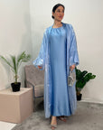 Meher Sky Blue Premium Mesh Kimono Jacket & Satin Dress