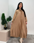 Reha Bronze Pleated Long Satin Dress