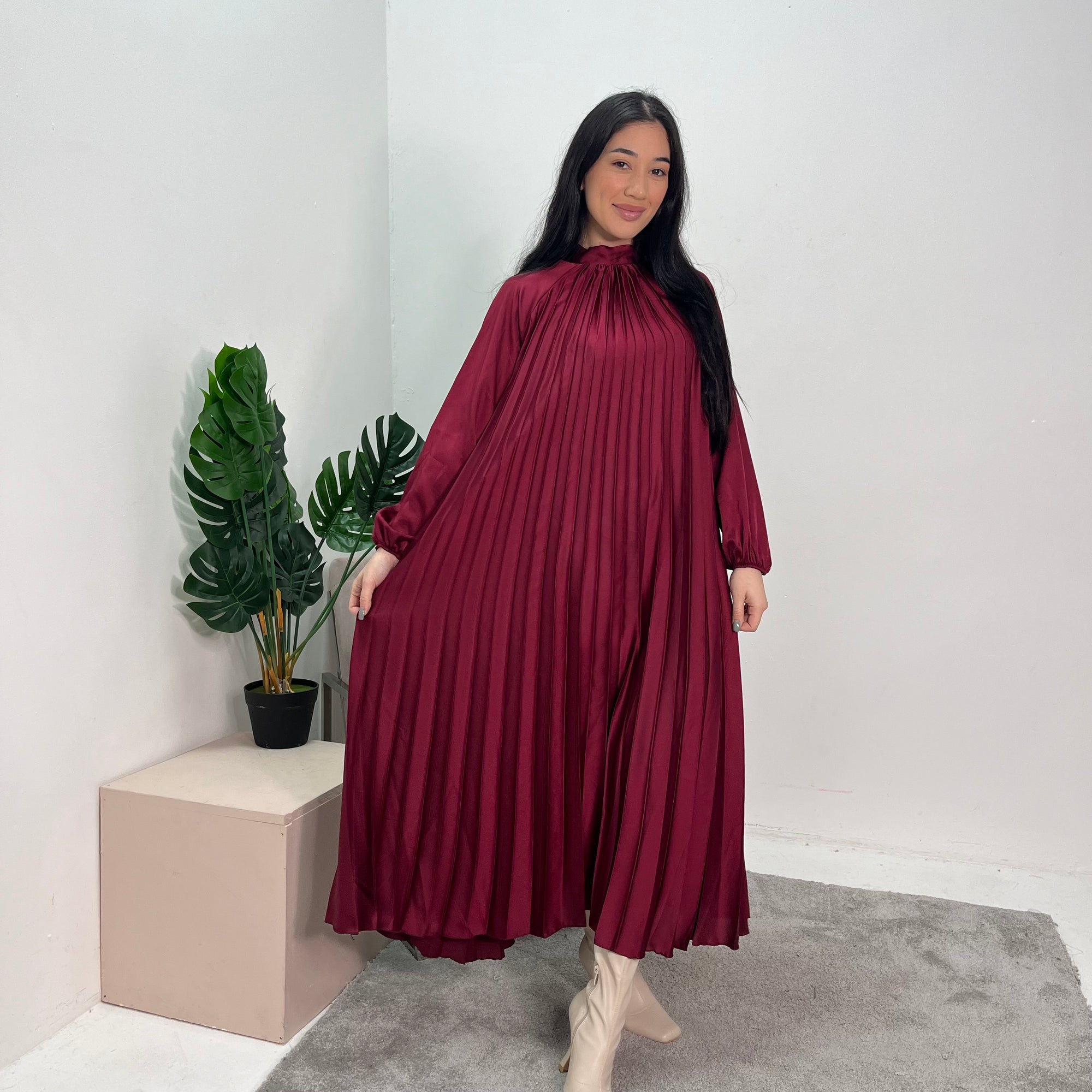 Reha Wine Pleated Long Satin Dress