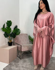 Safiya Pink Batwing Cape Fur Sleeve Satin Modest Kaftan Dress