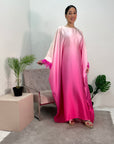 Farah Hot Pink Ombre Print Fur Sleeve Kaftan Dress