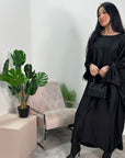 Safiya Black Batwing Cape Fur Sleeve Satin Modest Kaftan Dress