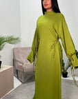 Rida Lime Green Linen Plain High Neck Dress