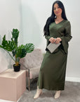 Fiza Khaki V-neck Fitted Flare Sleeve Satin Dress