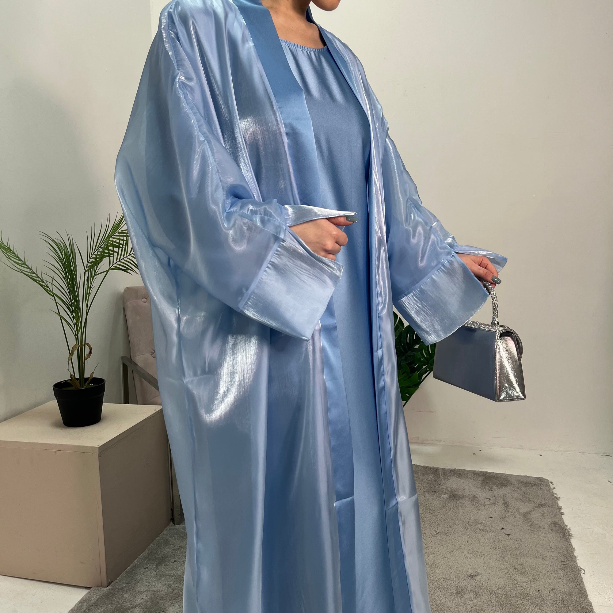 Meher Sky Blue Premium Mesh Kimono Jacket &amp; Satin Dress