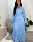 Ariana Sky Blue Lace Detail Tie Back Frill Sleeve Dress