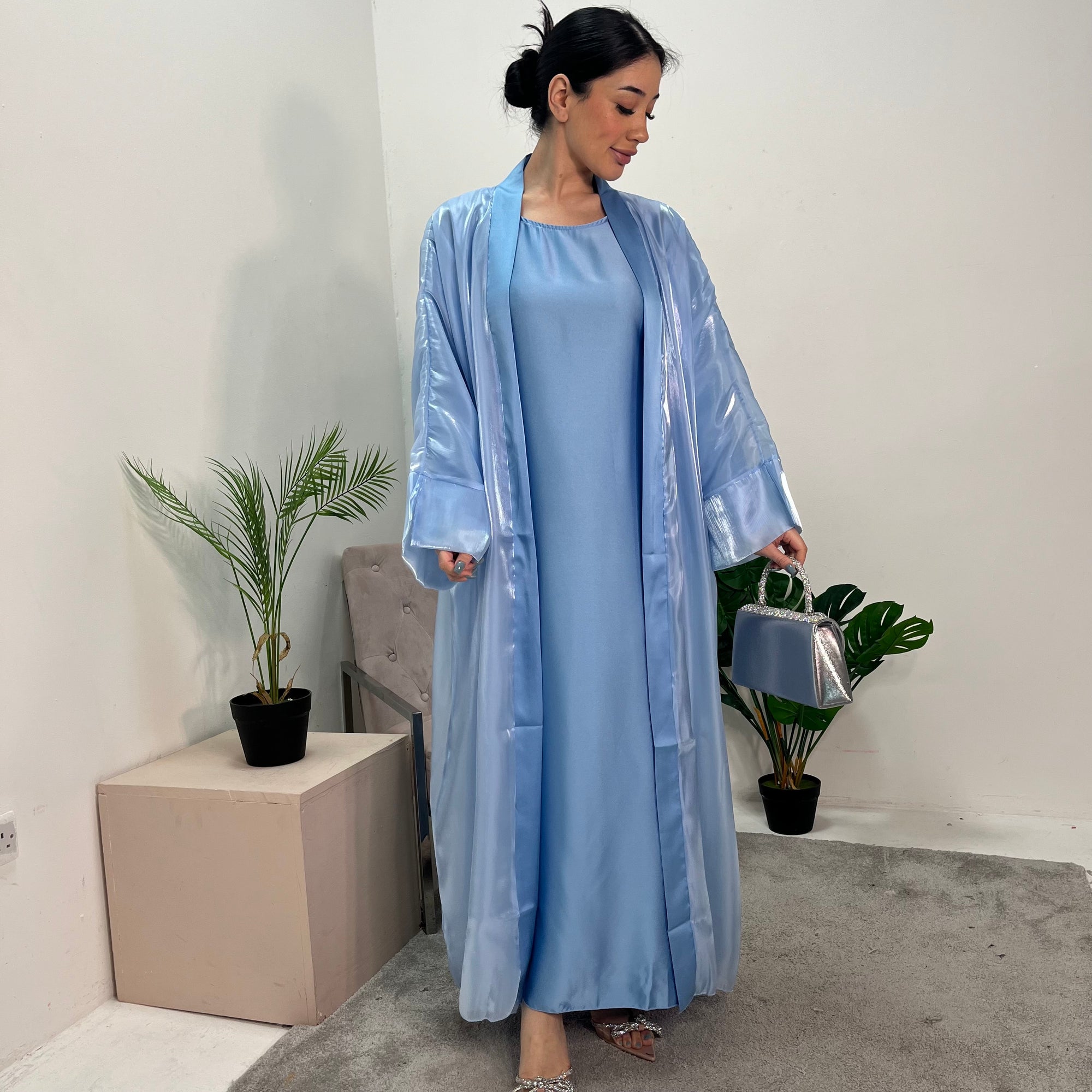 Meher Sky Blue Premium Mesh Kimono Jacket &amp; Satin Dress