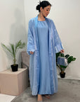 Meher Sky Blue Premium Mesh Kimono Jacket & Satin Dress