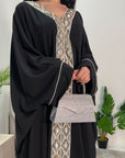 Arooj Black Sequin Trim V Neck Kaftan Abaya Dress