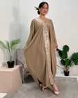 Arooj Beige Blue Sequin Trim V Neck Kaftan Abaya Dress