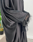 Safiya Black Batwing Cape Fur Sleeve Satin Modest Kaftan Dress