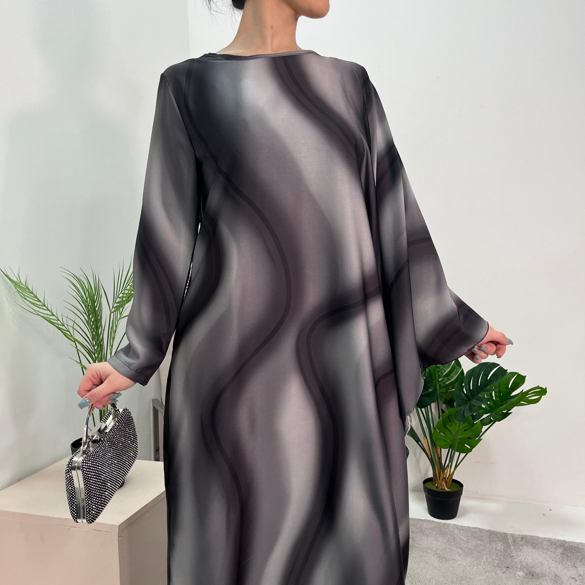 Nadia Black Tie Dye Print 1/2 Sleeve 1/2 Kaftan Dress