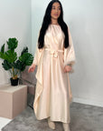 Dua Cream Belted Fur Kaftan Modest Dress