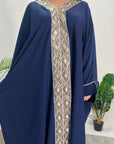 Arooj Navy Sequin Trim V Neck Kaftan Abaya Dress