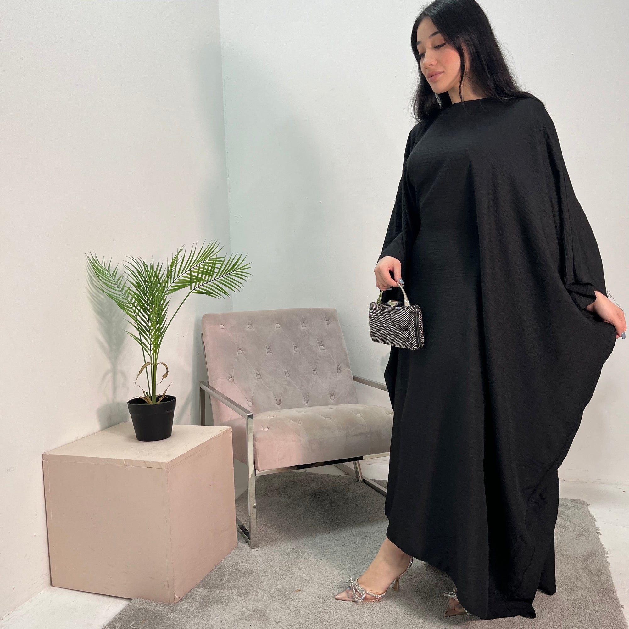 Farah Black Basic Tie Kaftan Dress