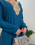 Safa Teal Gold Detail Trim Belted Maxi Abaya Dress