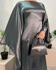 Sehr Slate Grey Quality Satin Plain Tie kaftan Dress